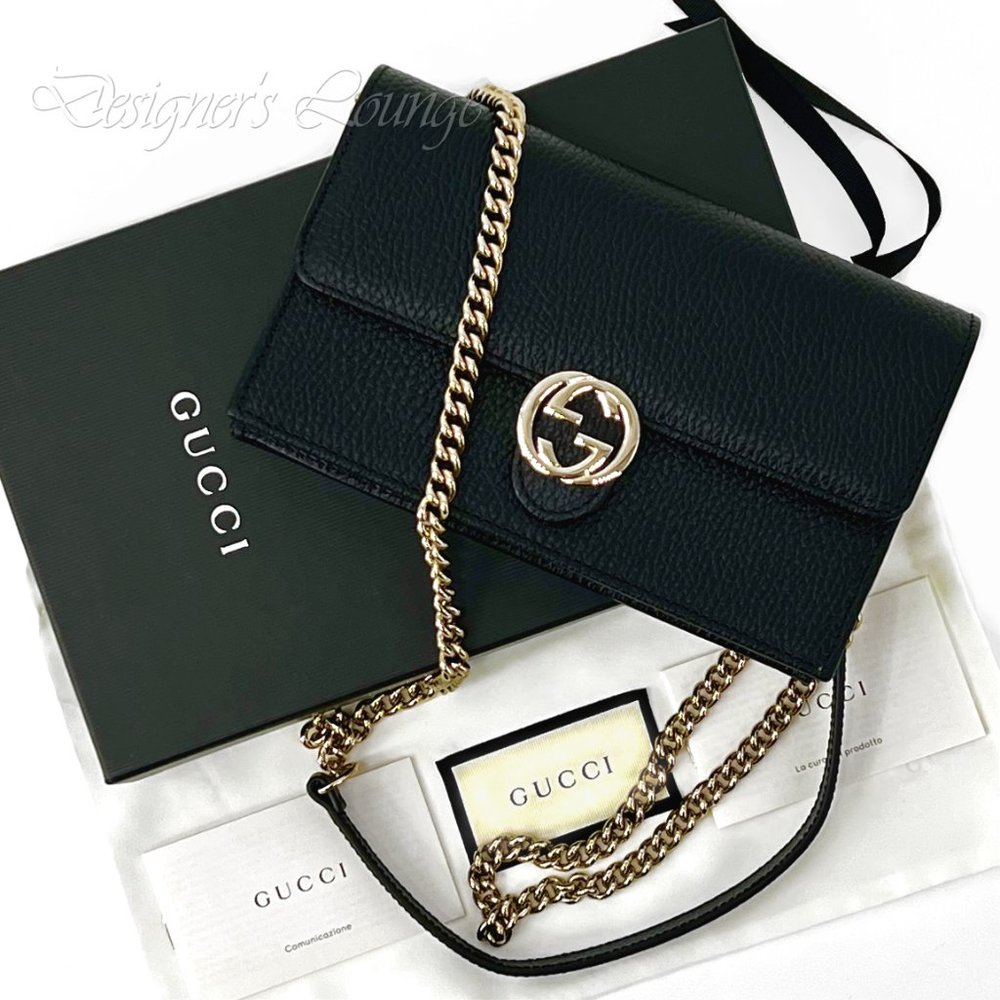 SOLD! NEW GUCCI Interlocking GG Black Leather Crossbody Wallet On Chain Bag - Picture 12 of 14